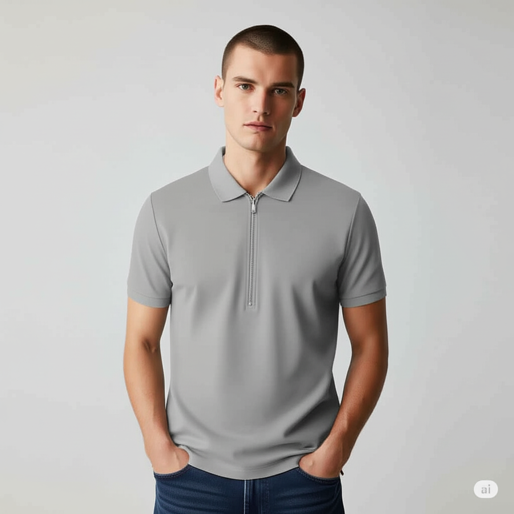 Grey Collar T-Shirt with Zip