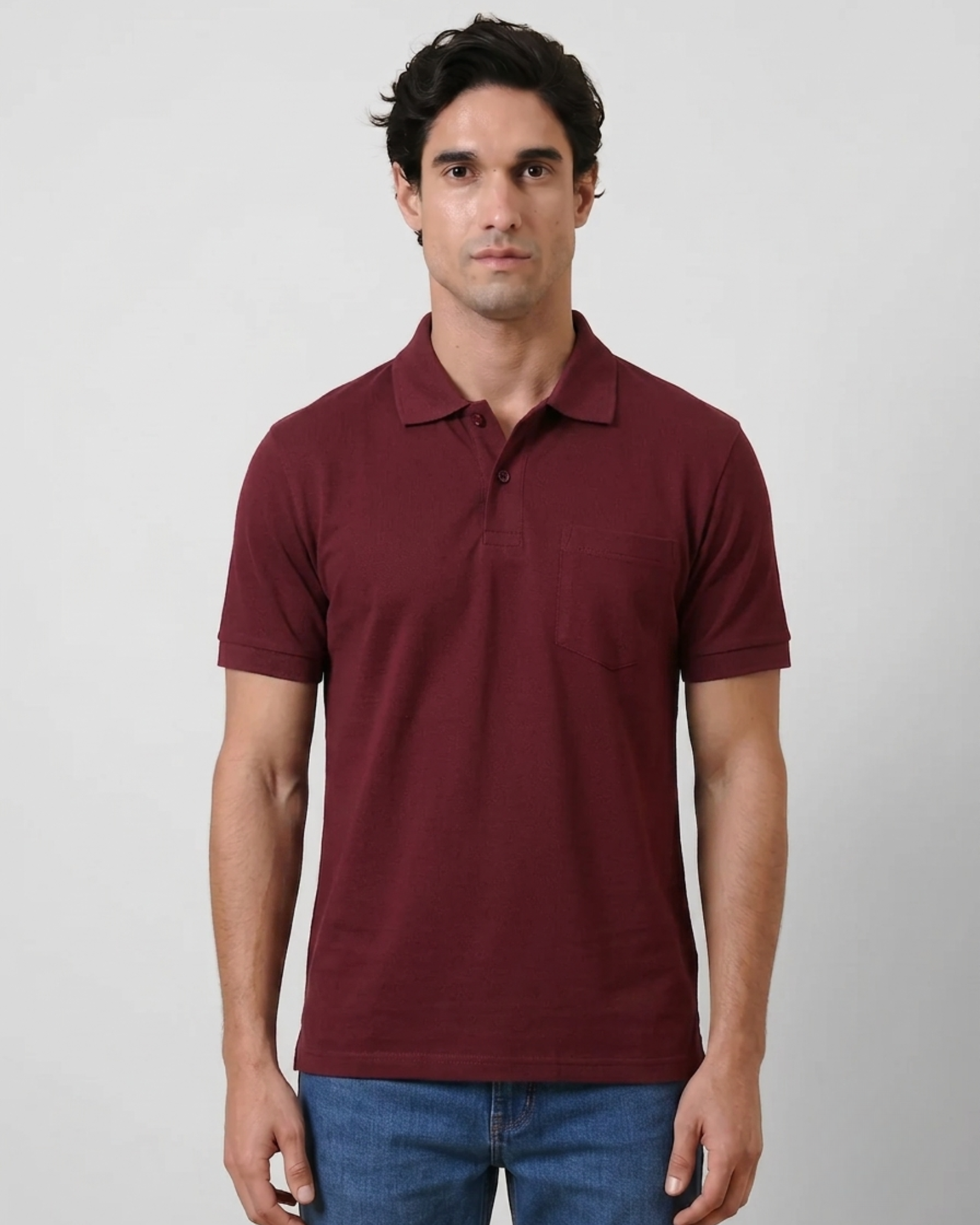 Maroon  Collar T-Shirt With Pocket