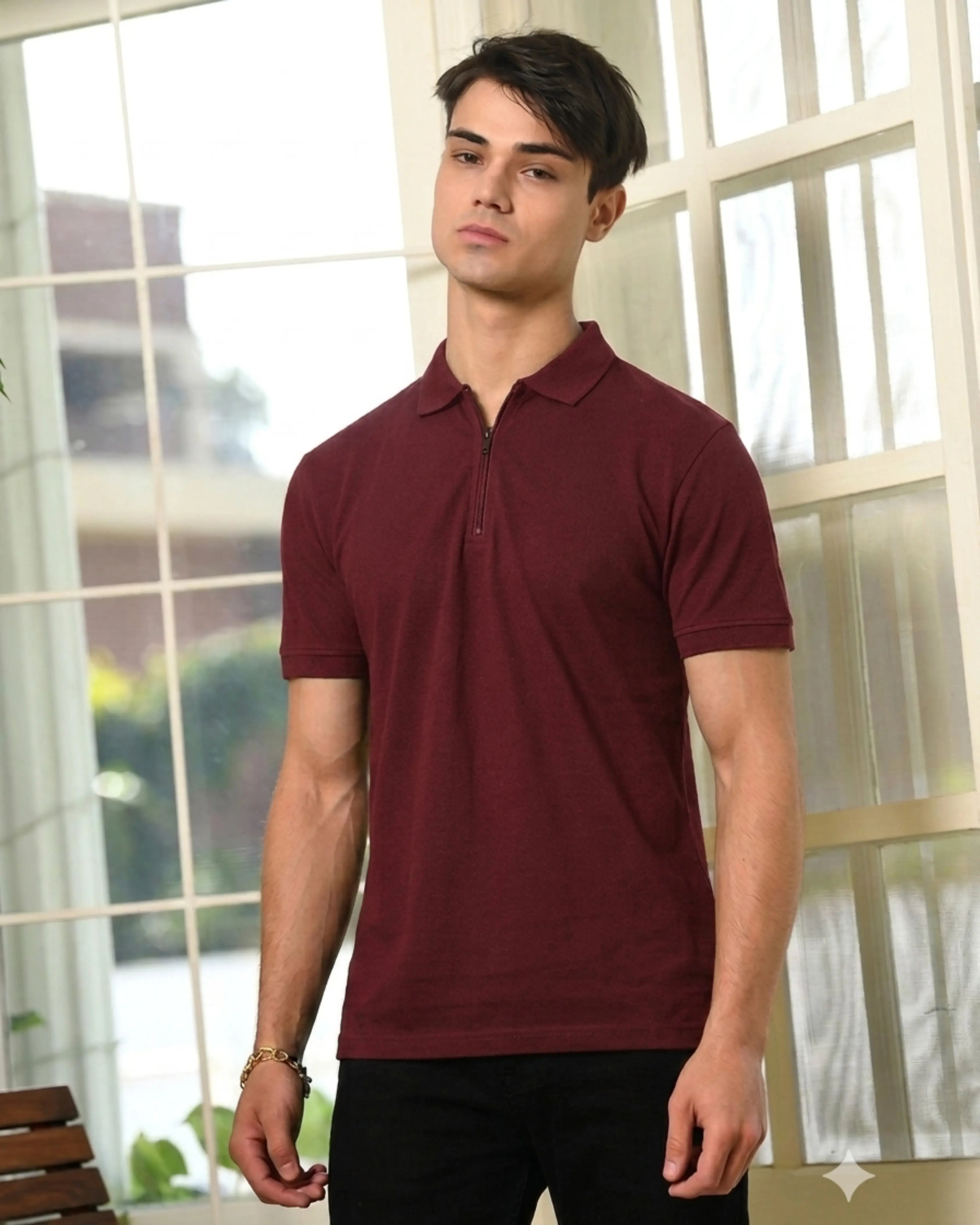 Maroon Collar T-Shirt with Zip