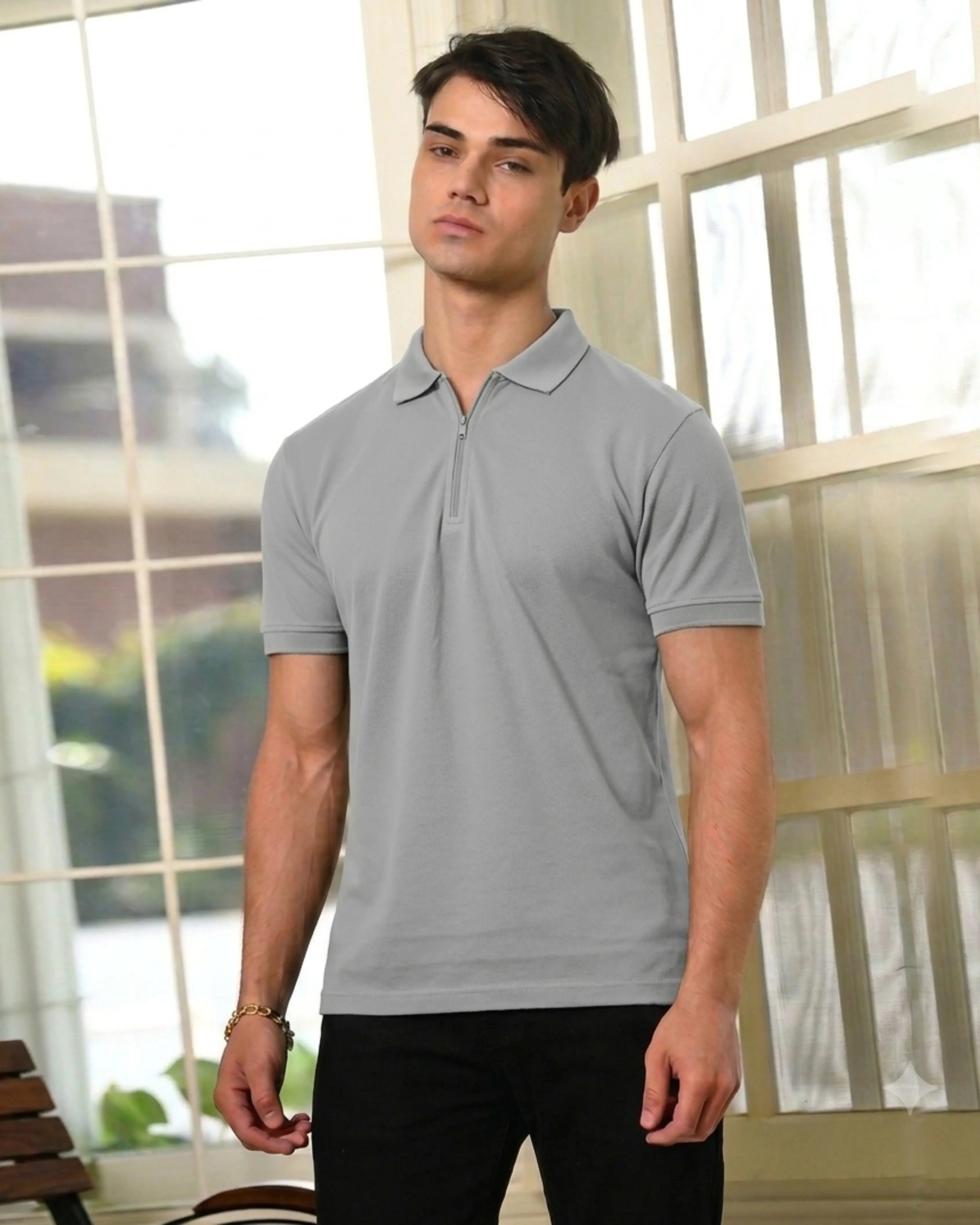 Grey Collar T-Shirt with Zip