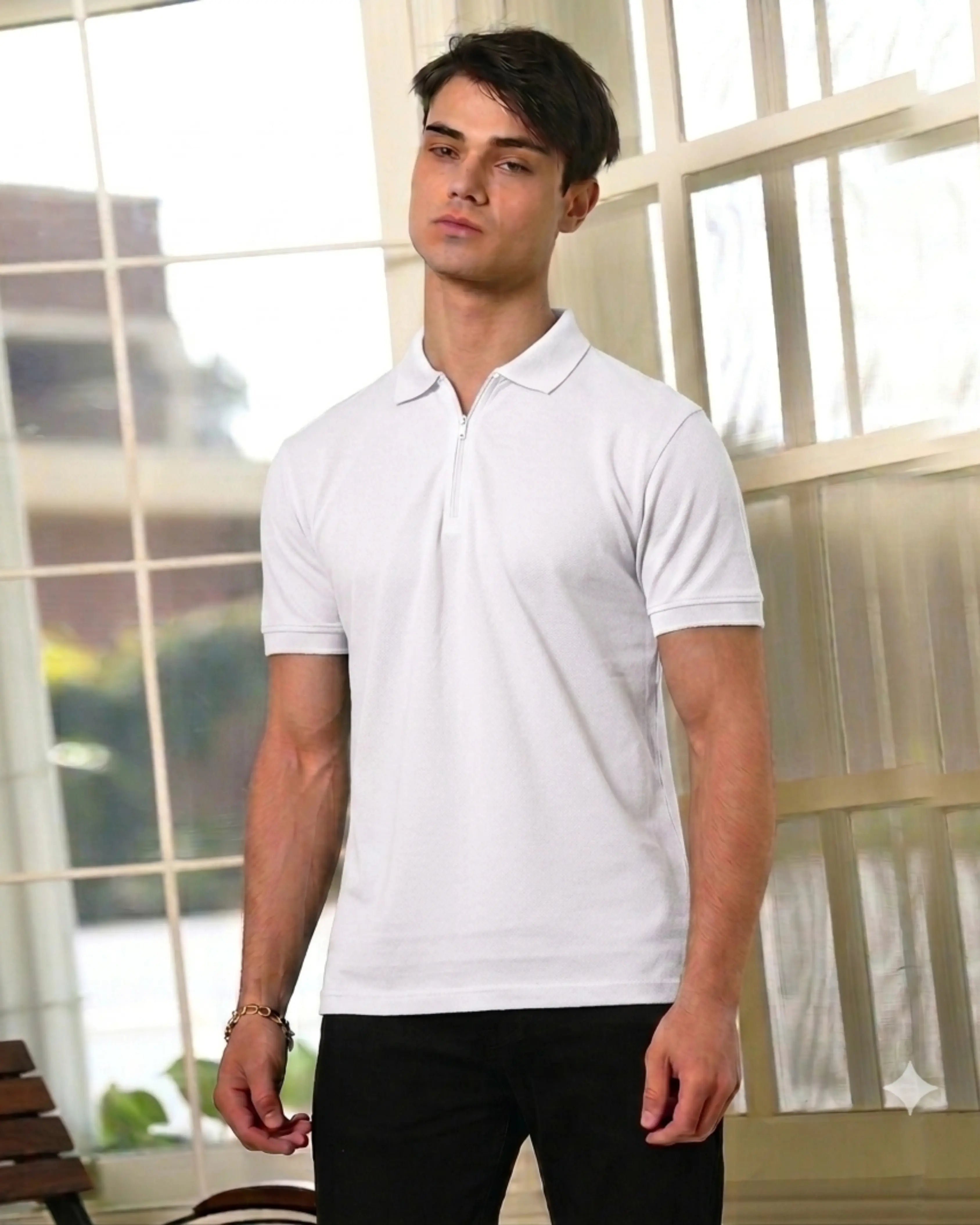White Collar T-Shirt with Zip
