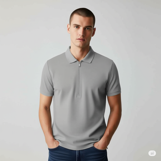 Grey Collar T-Shirt with Zip