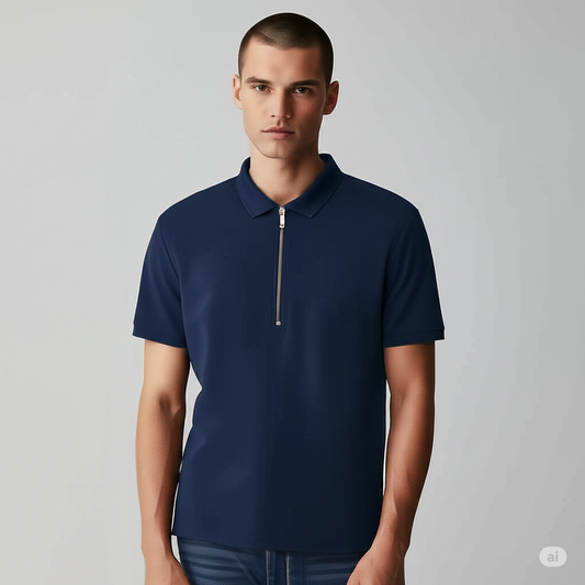 Navy Blue Collar T-Shirt with Zip