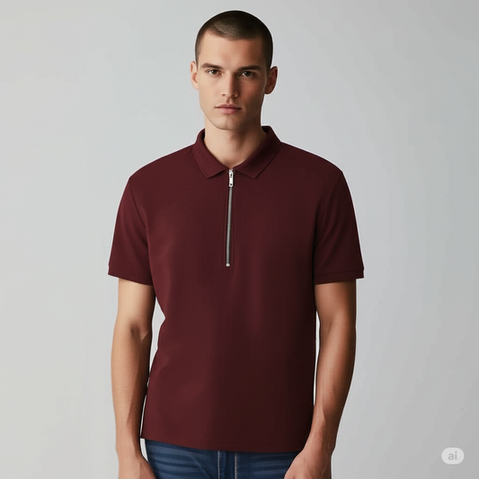 Maroon Collar T-Shirt with Zip