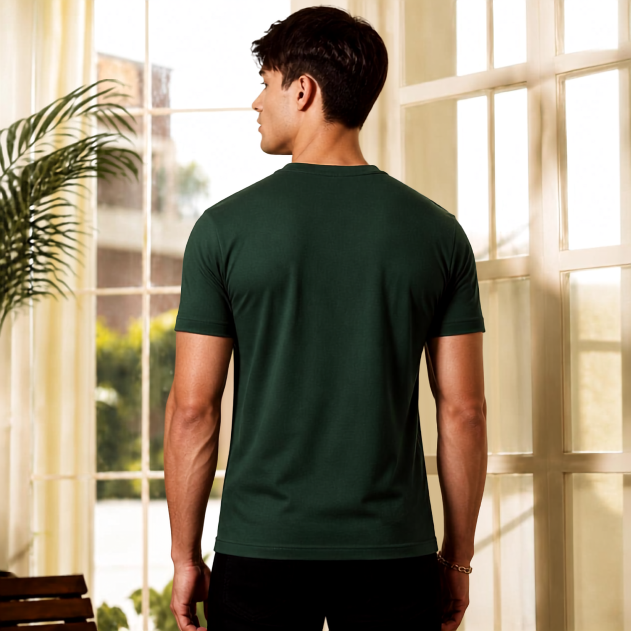 Bottle Green Henley Half Sleeves T-Shirt For Men