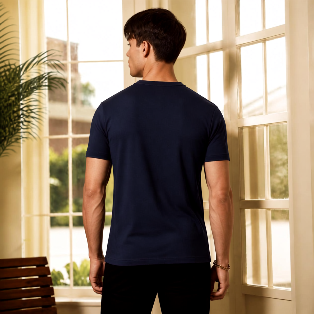 Navy Blue Henley Half Sleeves T-Shirt For Men