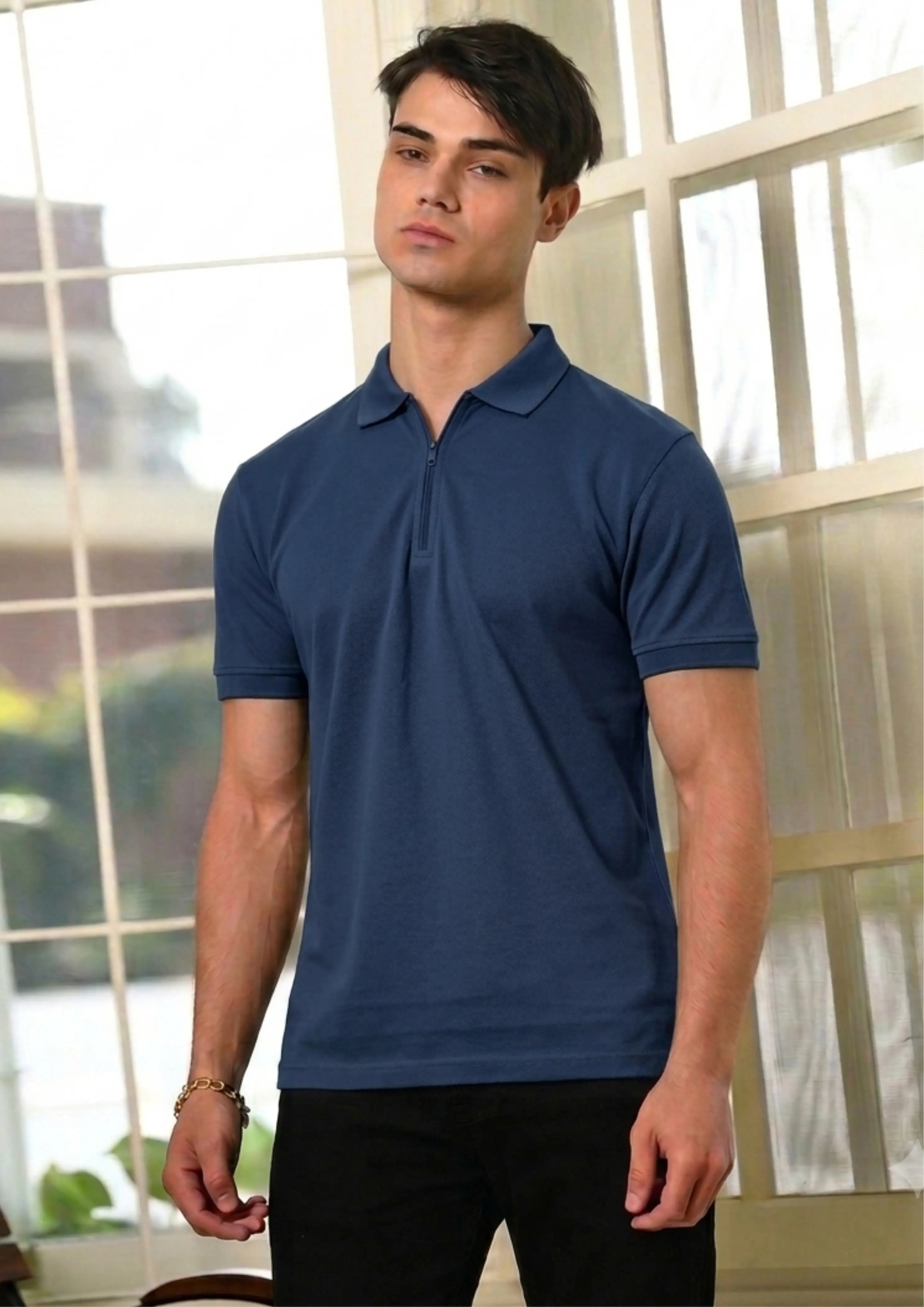 Navy Blue Collar T-Shirt with Zip