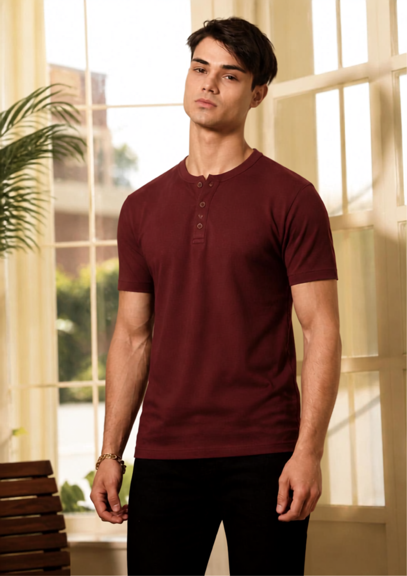 Maroon Henley Half Sleeves T-Shirt For Men
