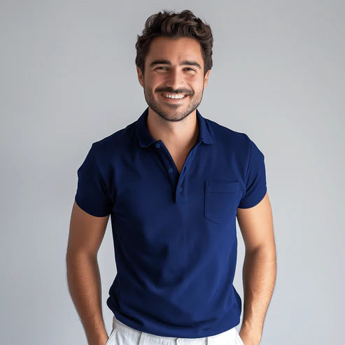 Navy Blue  Collar T-Shirt With Pocket