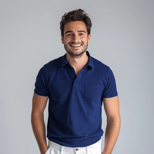 Navy Blue  Collar T-Shirt With Pocket
